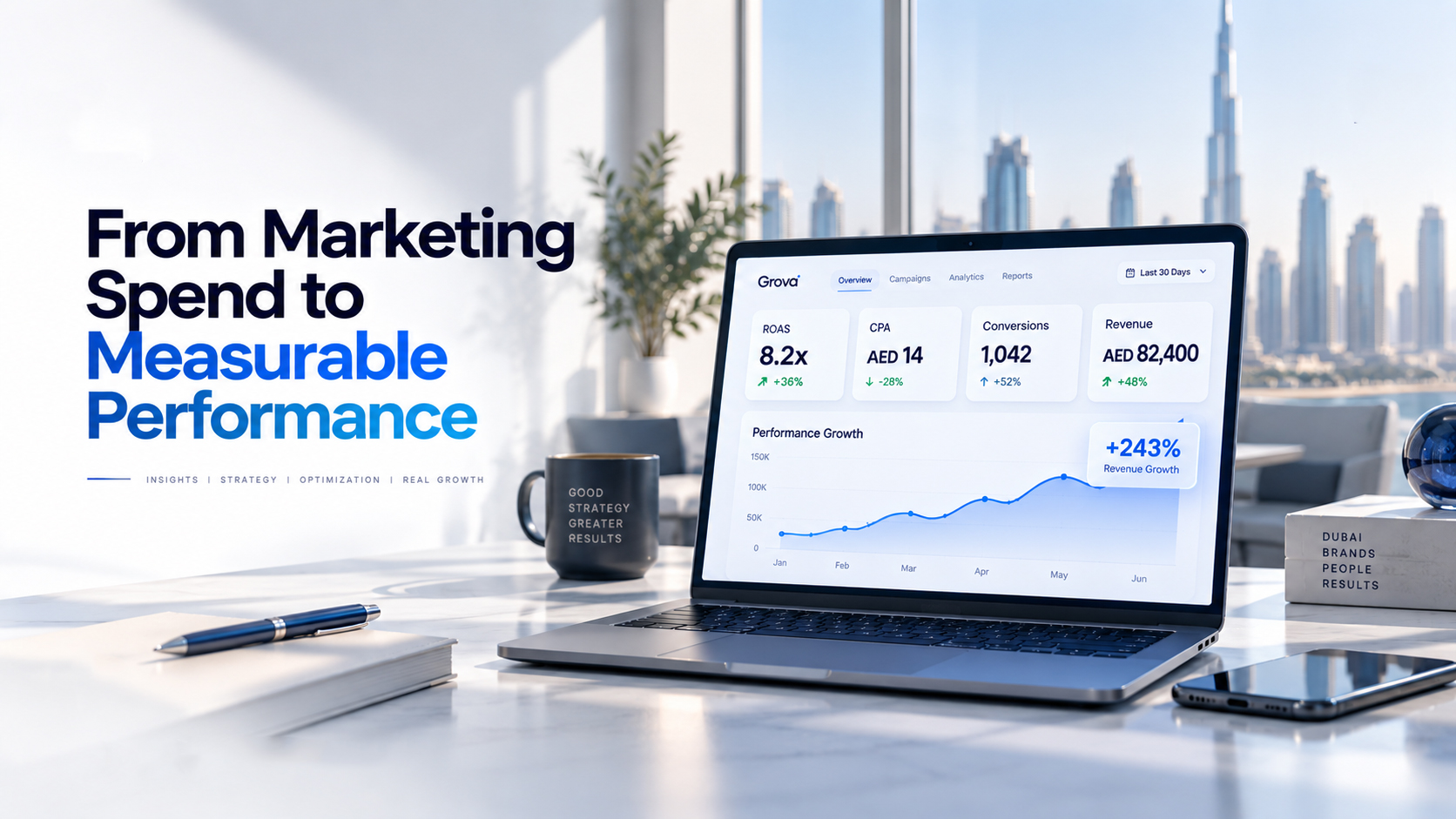 Illustrative marketing performance dashboard on a laptop in Dubai