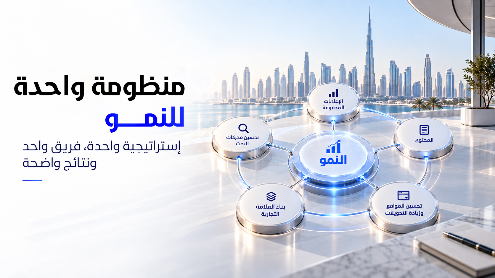 منظومة واحدة للنمو تجمع الإعلانات والمحتوى وتحسين محركات البحث والهوية والمواقع